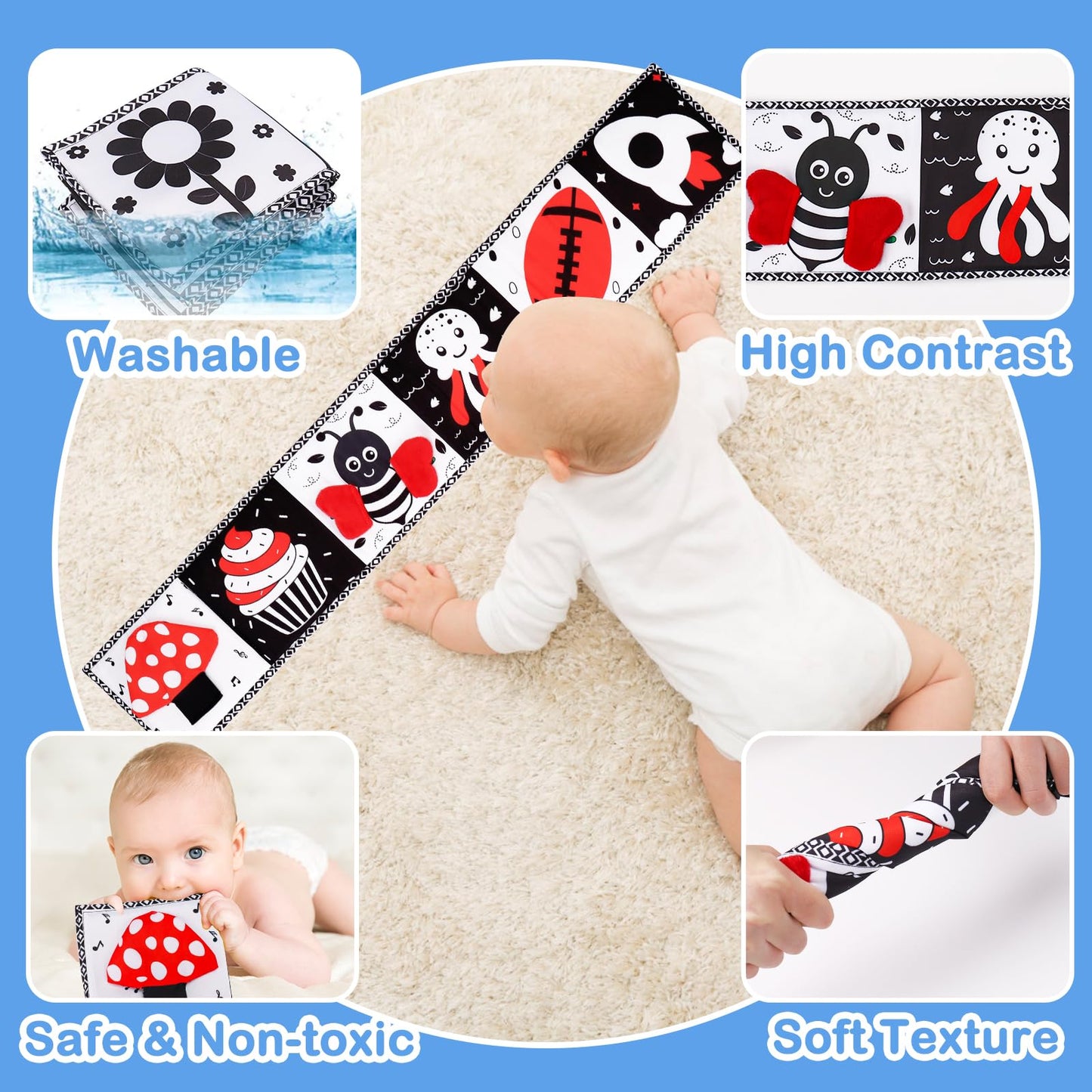 Black and White High Contrast Toys for Baby 0-3 3-6 months Infant Tummy Time Soft Book Sensory Musical Toy 0-2-4-6 month Babies Brain Development Crinkle Book Mirror Newborn Easter Basket Stuffer