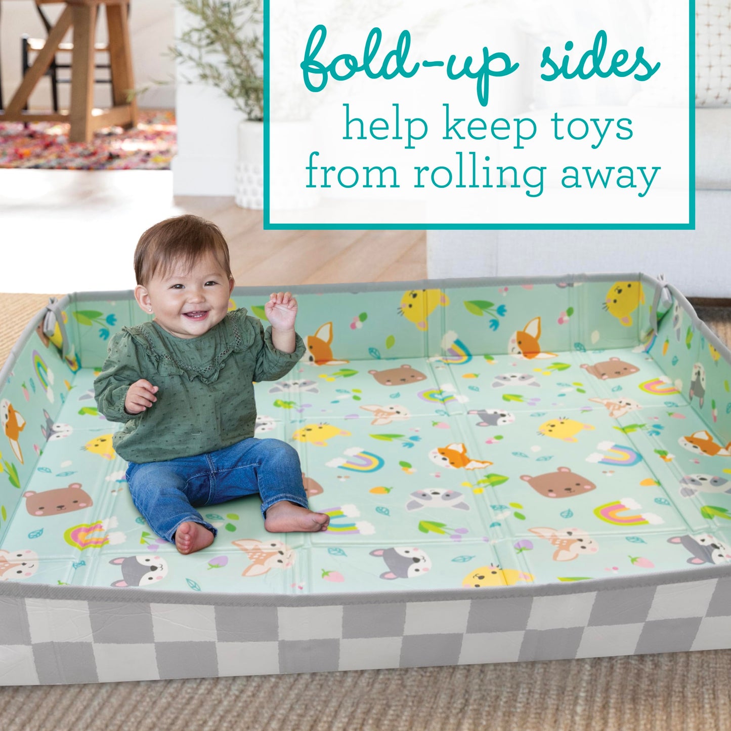 Infantino Foldable Soft Foam Play Mat, 57" Baby Mat for Floor Time, Lightweight, Easy to Store, Wipeable, Animals