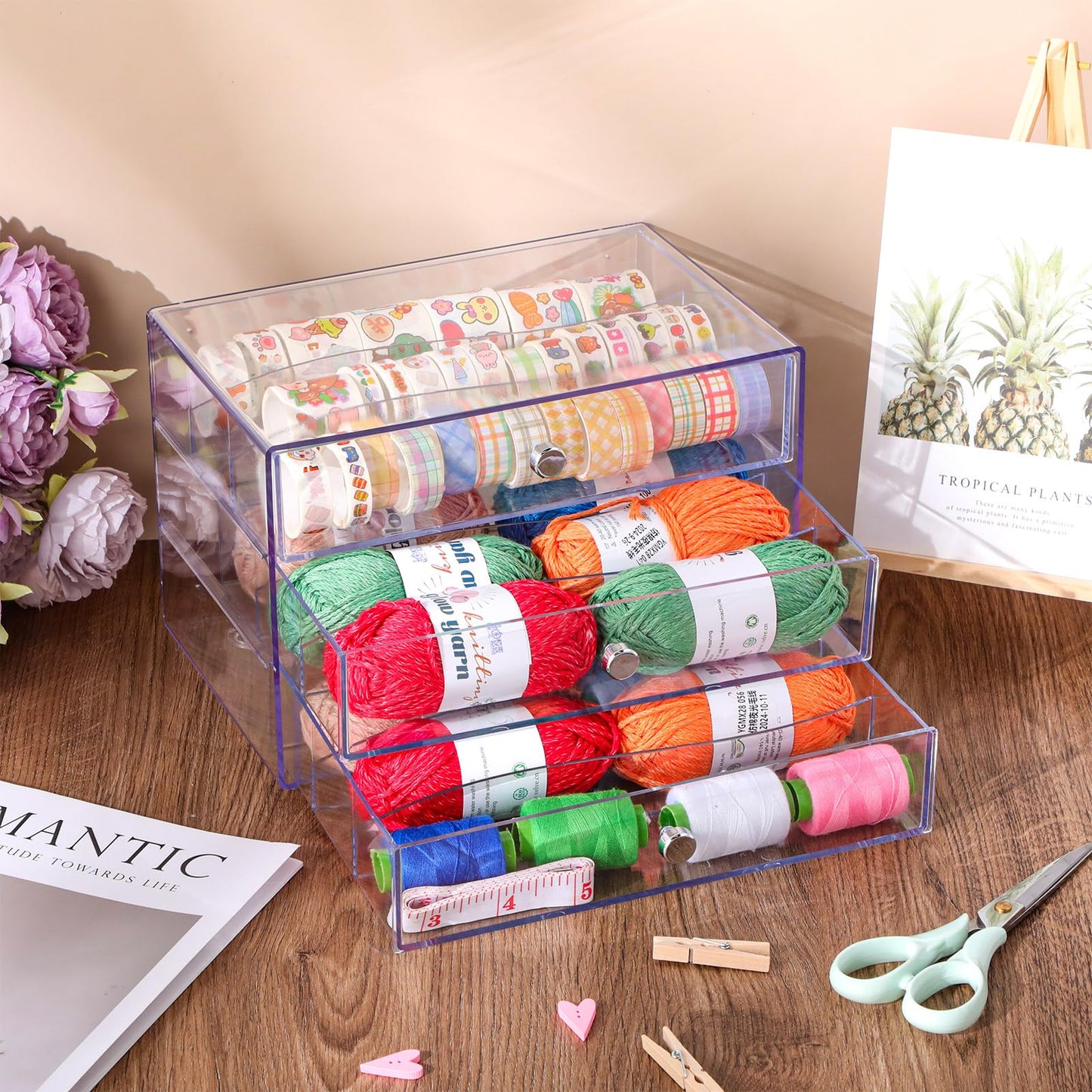Wonderjune 1 Pack 3 Drawer Washi Tape Organizer Plastic Washi Tape Storage Cube Organizer Box 10 x 7 x 6.8 Large Capacity Clear Storage Drawer Holder for Art Craft Embellishments Jewelry Makeup