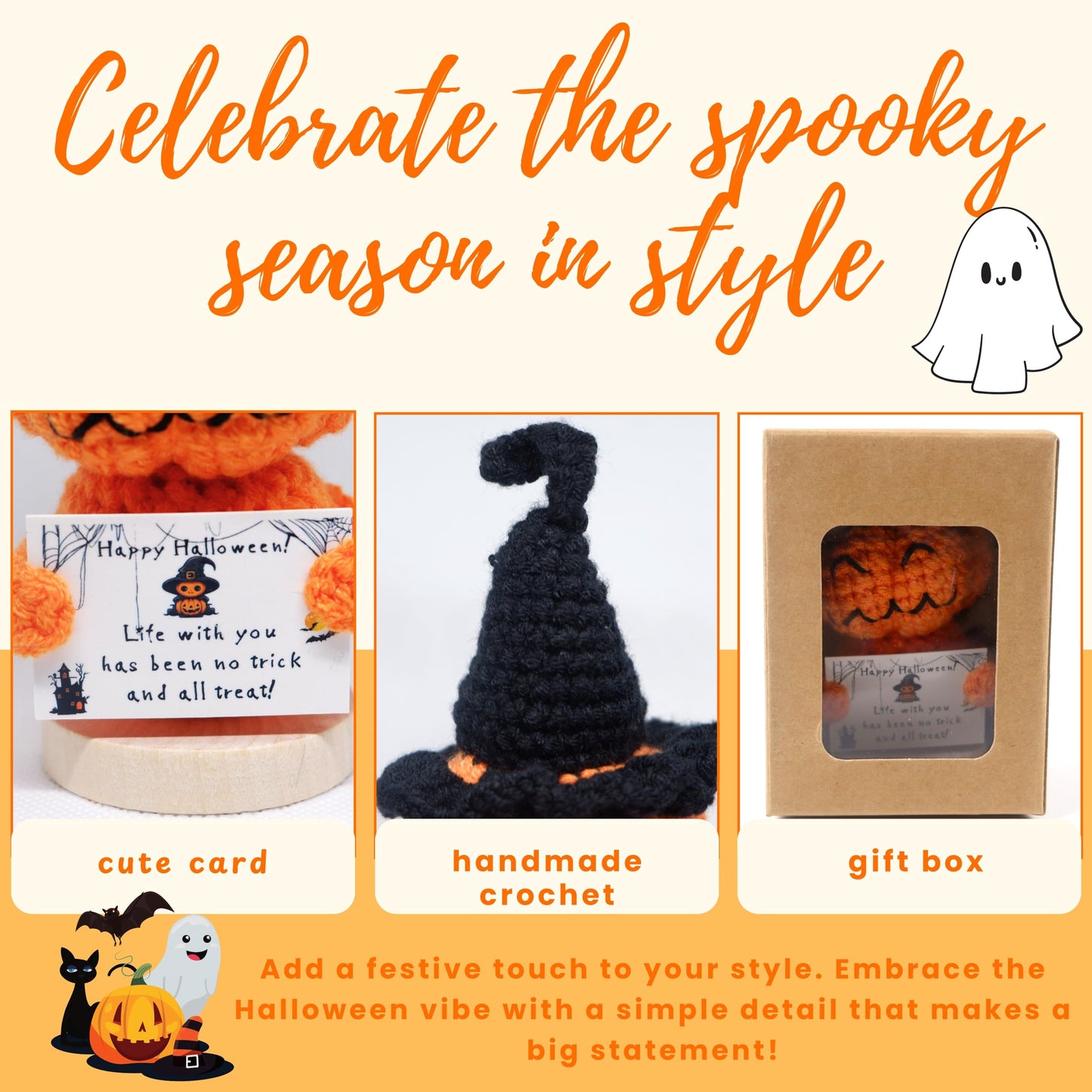 Emotional Support Crochet Halloween Ghost Pumpkin, Positive Crochet, Handmade Pumpkin Ghost Plush with Inspirational Message Card, Cute Motivational Ornament, Funny Decor (Pumpkin)