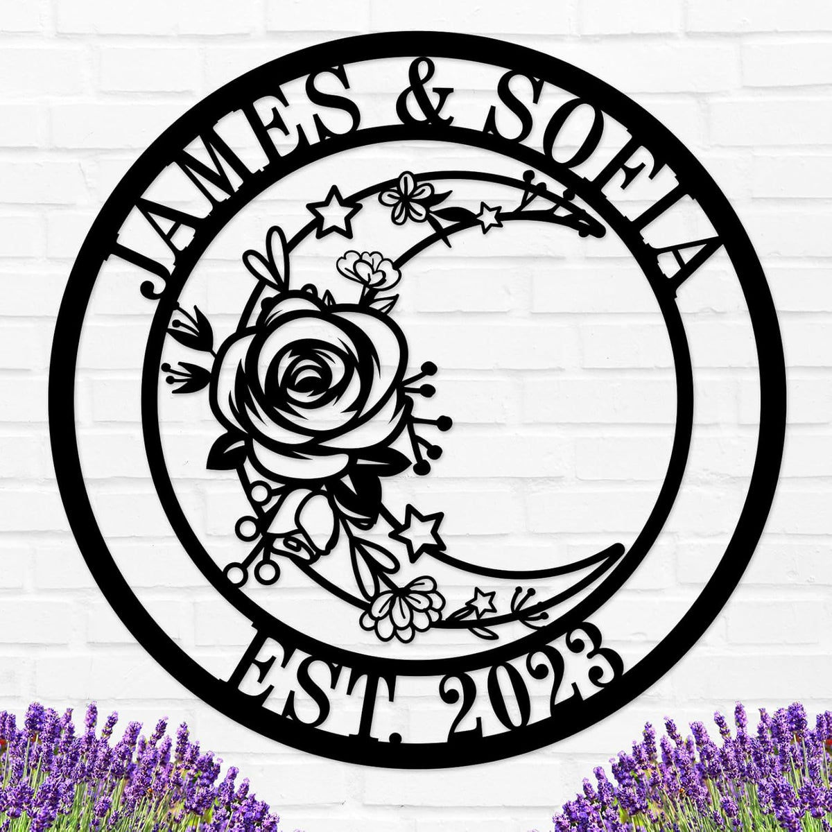 Moon Metal Floral Art Decor Black Boho Large Floral Moon and Star Phase Wall signs for Half Moon Flower Sculpture Hanging Wall Decor for Bedroom