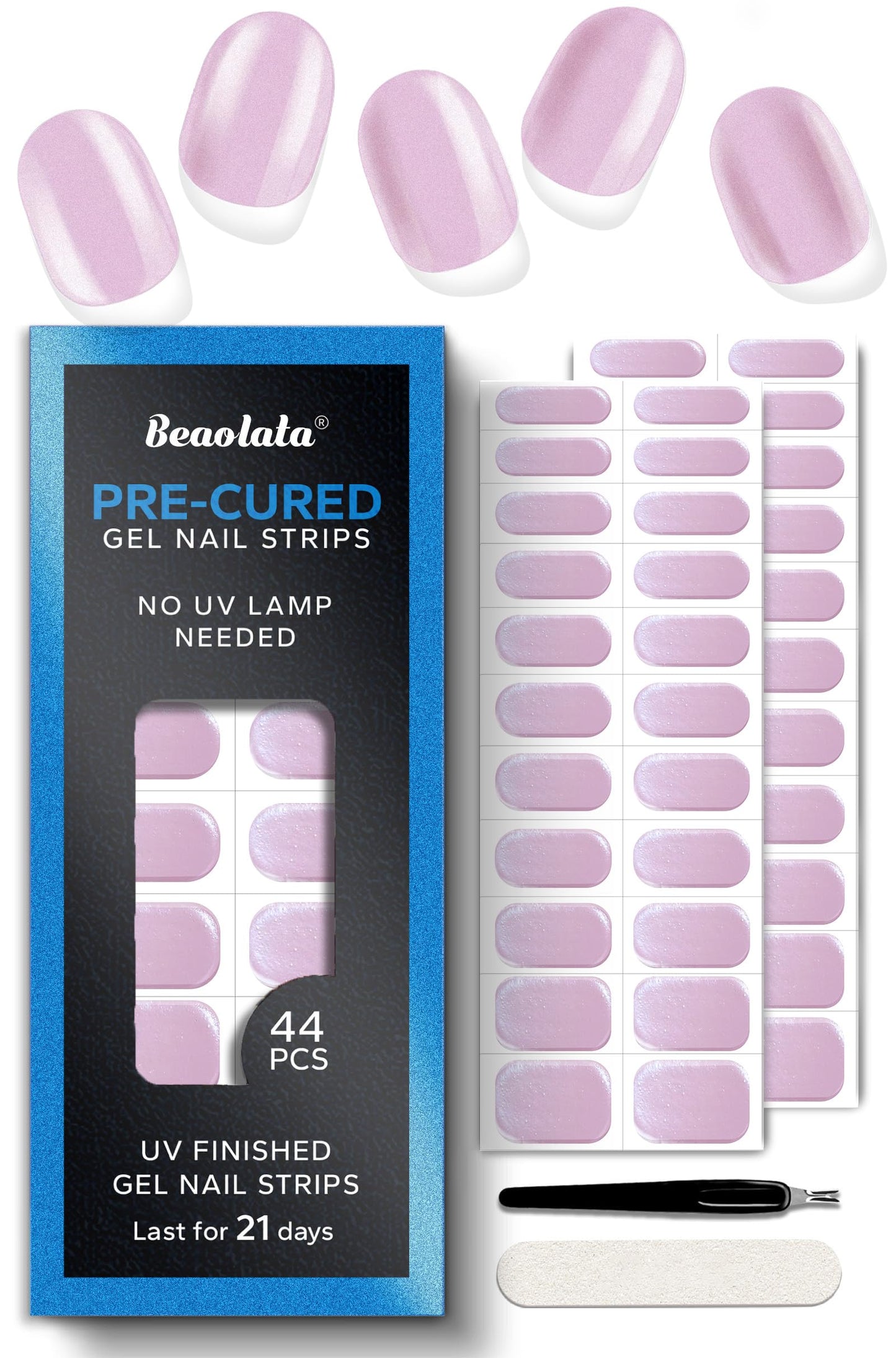 Beaolata Real Gel Nail Strips (No UV Light Needed) - 44Pcs Salon Quality Nail Stickers - Long Lasting Polish Wraps for Women, Easy Apply & Remove (Matte Sugar Pink)