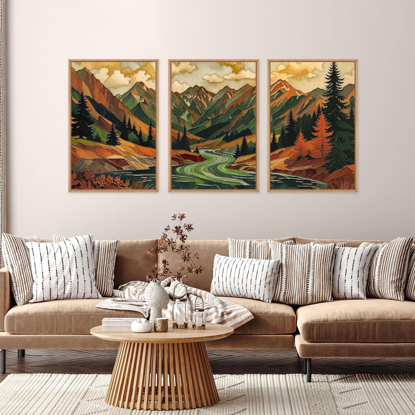 HPINUB Abstract Boho Mountain Framed Canvas Wall Art Set,Vibrant Forest Pine Tree Wall Decor,Textured Landscape Artwork Rustic Linear Scenery Art Print for Living Room,Bedroom,Office-24 x36 x3