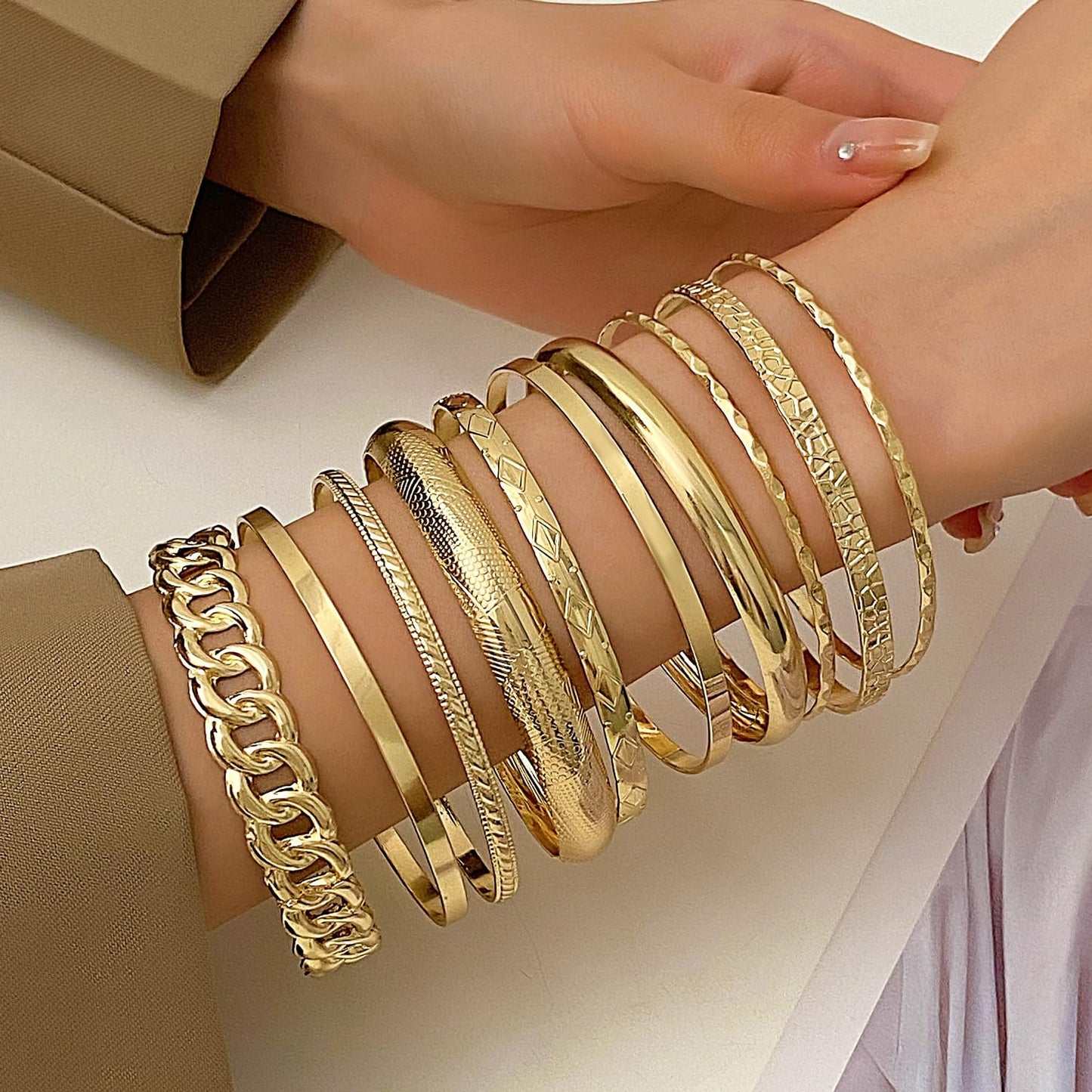 RINTOLER 10Pcs Gold Bangle Bracelets Set for Women - Multi Layer Stackable Textured Chunky Bracelets Indian Bangles Boho Jewelry Set (B-10PC-Gold)