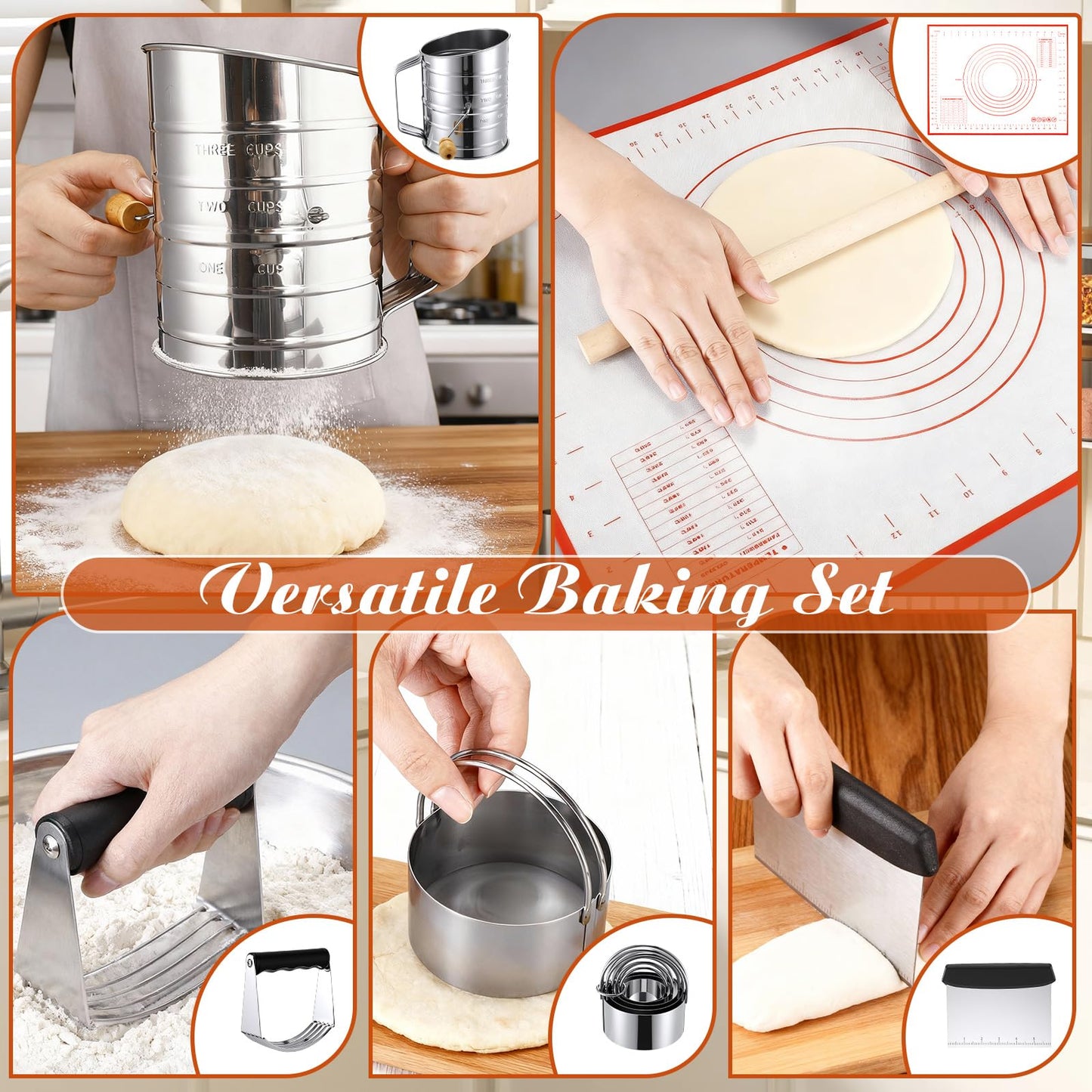 Teecyhooo 10 Pcs Stainless Steel Pastry Biscuit Cutter Set Include 3 Cup Flour Sifter Biscuit Cutter Pastry Scraper Dough Scraper Silicone Baking Mat Fine Mesh Strainer for Cooking Cookies Donuts Cake