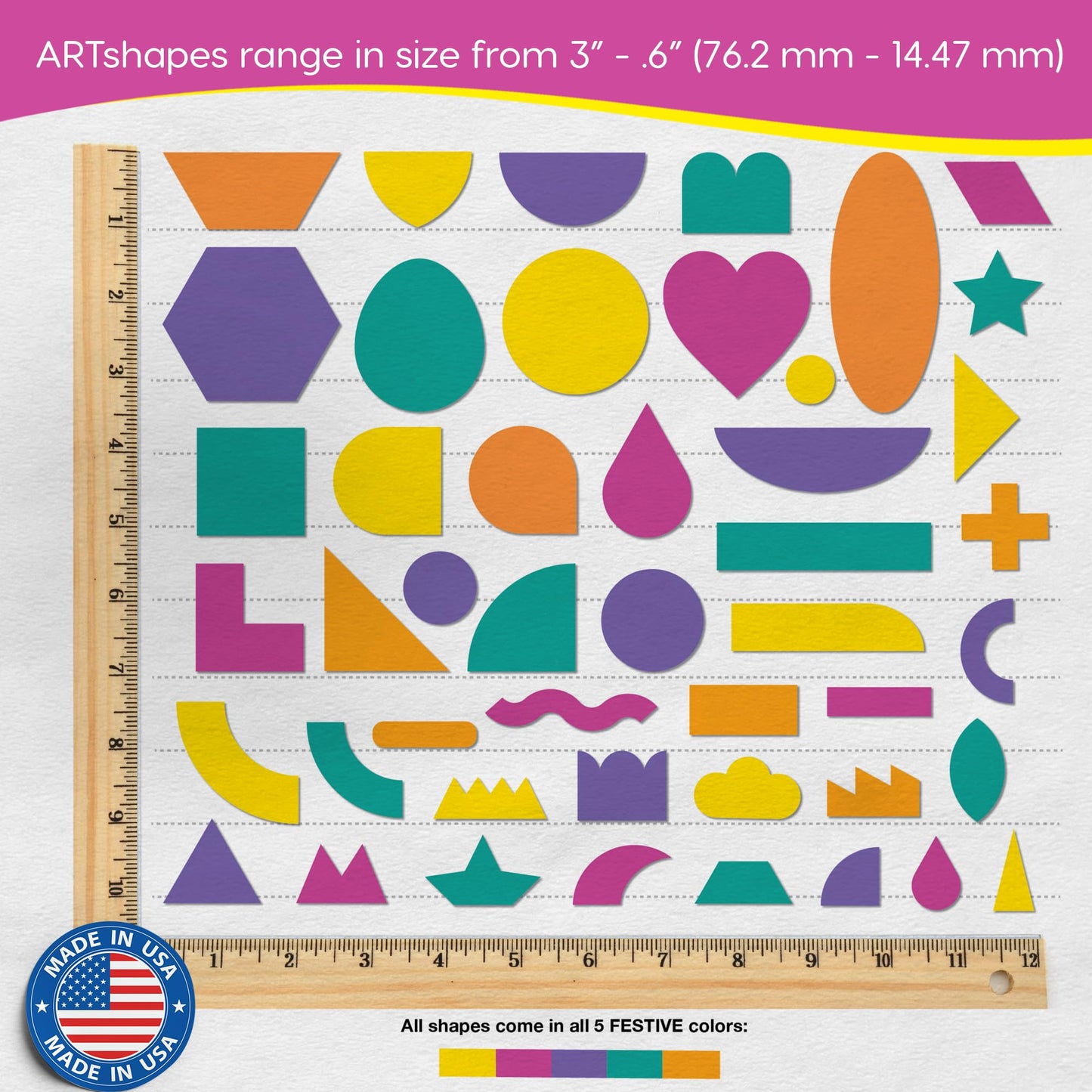 ARTshapes 840 pc Creative Paper Shapes Pack with 70+ Idea Guide - US Made Card Stock - Punch Out Funky DIY Craft Supplies for Whimsical Art Designs, Paper Crafts, and Pattern Play 5 Festive Colors