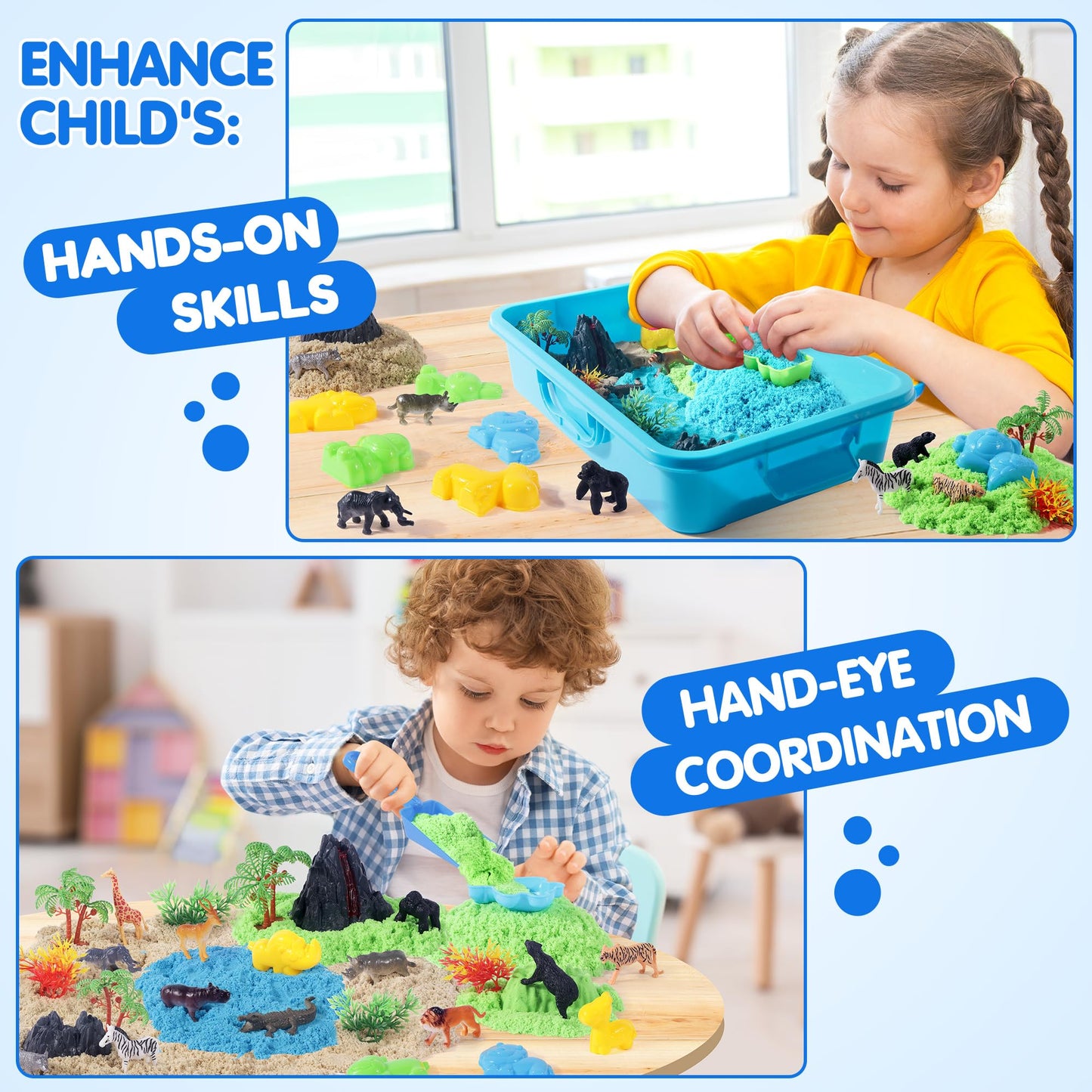 Billeeit Animal Sensory Bin Sand Toy, Play Sand Kit w/lid and 2.2lbs Moldable Sensory Sand, Molds, Tools, Map Set 35pcs Total, Fun Gifts for Kids 3+
