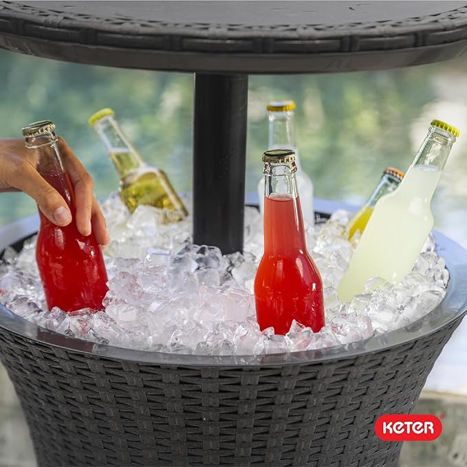 Keter Pacific Cool Bar Outdoor Patio Furniture and Hot Tub Side Table with 7.5 Gallon Beer and Wine Cooler, Dark Grey