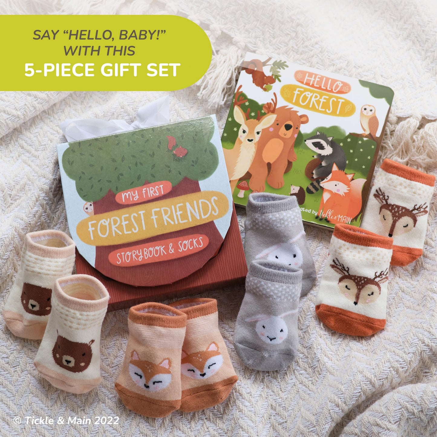 Tickle & Main Registry Gift Set - 5 Pieces, Forest Friends, 0-12 Months - Baby Socks Newborn & Hello Forest Board Book - Newborn Set, Gender Neutral