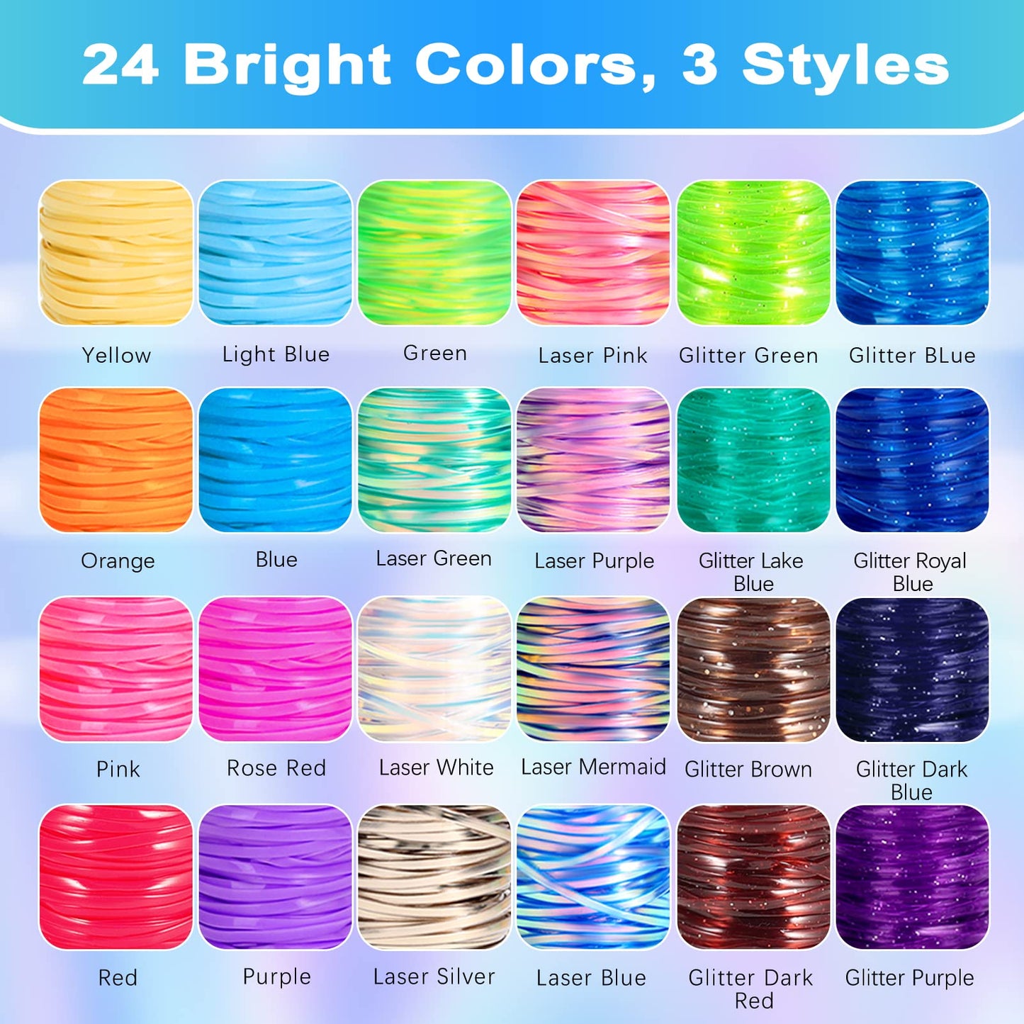 Karsspor Glitter/Laser/Normal Lanyard String Kit - 24 Rolls Gimp String, Plastic Lacing for DIY Bracelets, Key Chains, Pony Beads and Lanyards (788 Feet)