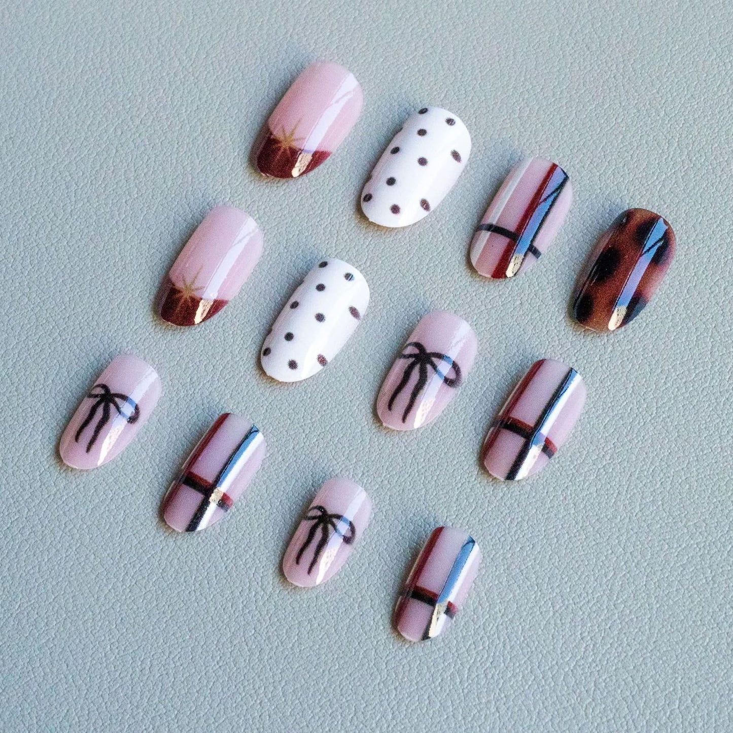 IMSOHOT Press on Nails Short Oval Fake Nails Brown Acrylic False Nails with Polka Dot, Bow Designs Cute Round Glossy Glue on Nails for Women Girls Nail Decoration