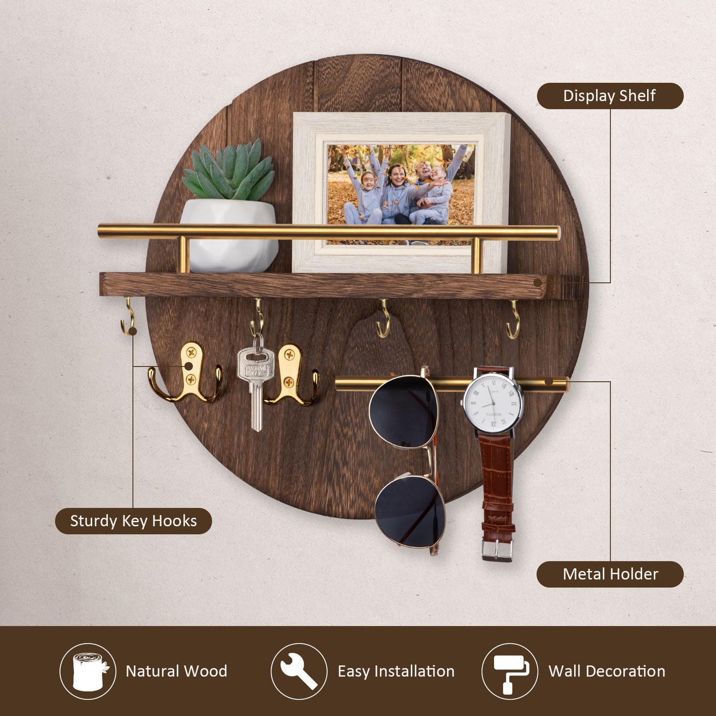 Nekon Key Holder Wall Mount, 11.8 Inch Rack With Shelf and 6 Hooks, Rustic Mail Organizer, Circular Wooden Hanger for Entryway Hallway Kitchen (Brown&Gold)