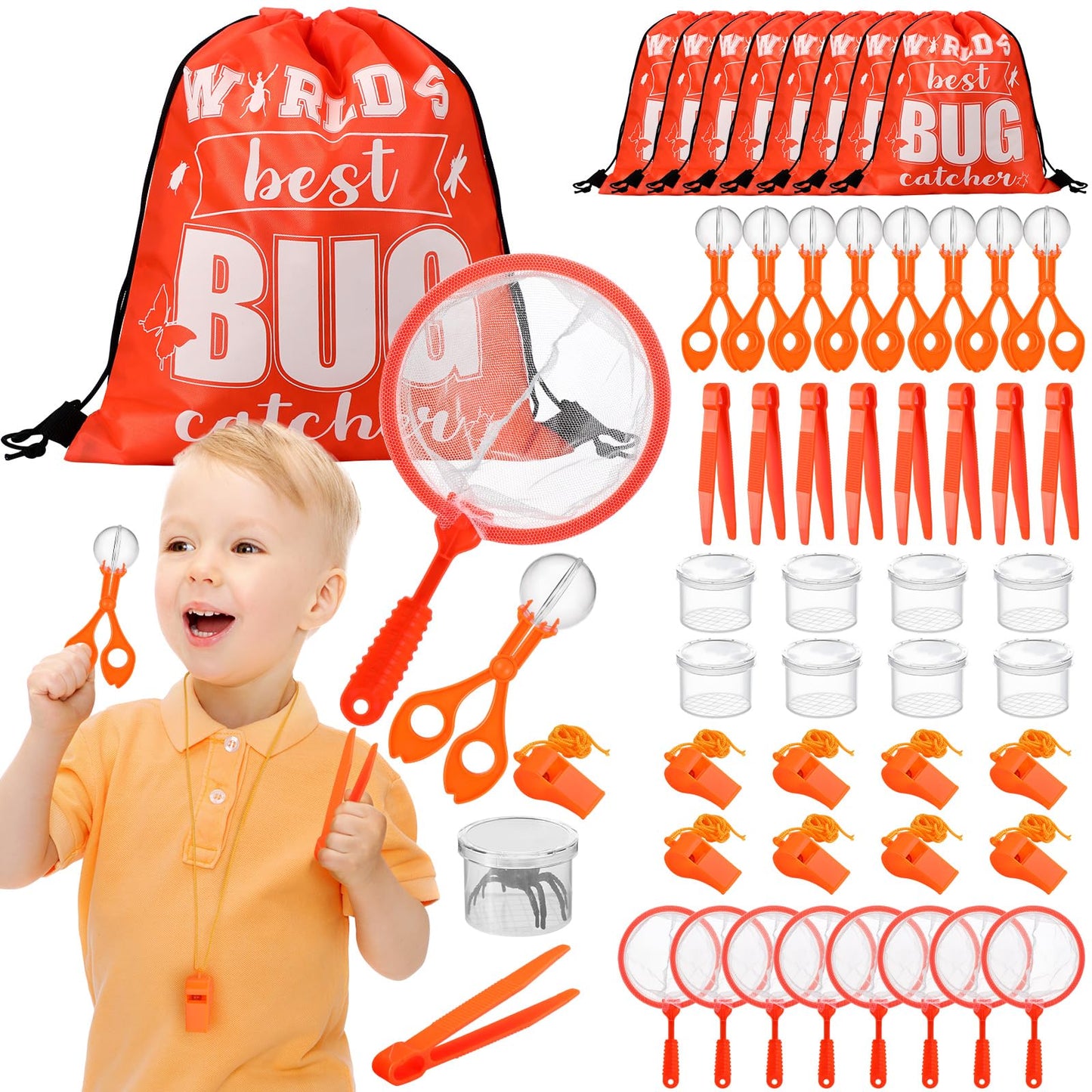 Silipull Bug Catching Kit for Kid Outdoor Explorer Kit Include Catching Scissor Tong Tweezer Clamp Bug Cage Whistle Insect Net Drawstring Bag for Boy Girl Educational Adventure Hunting (Orange,48 Pcs)