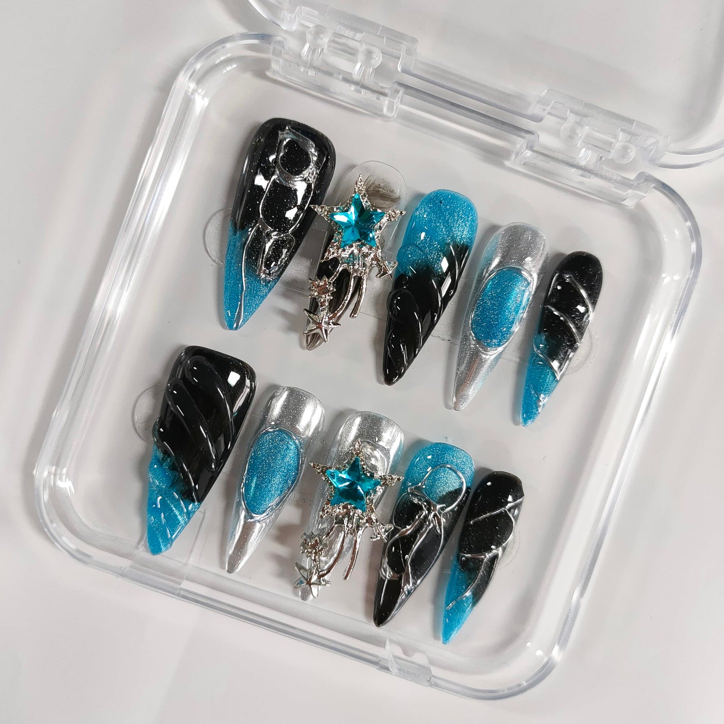3D Stiletto Press on Nails Long Handmade Nails Y2K Thick Acrylic Fake Nails Black&Blue False Nails with Stars Silver Curve Line Rhinestones Designs Sturdy Nail Art Press on Nails 10Pcs(S)