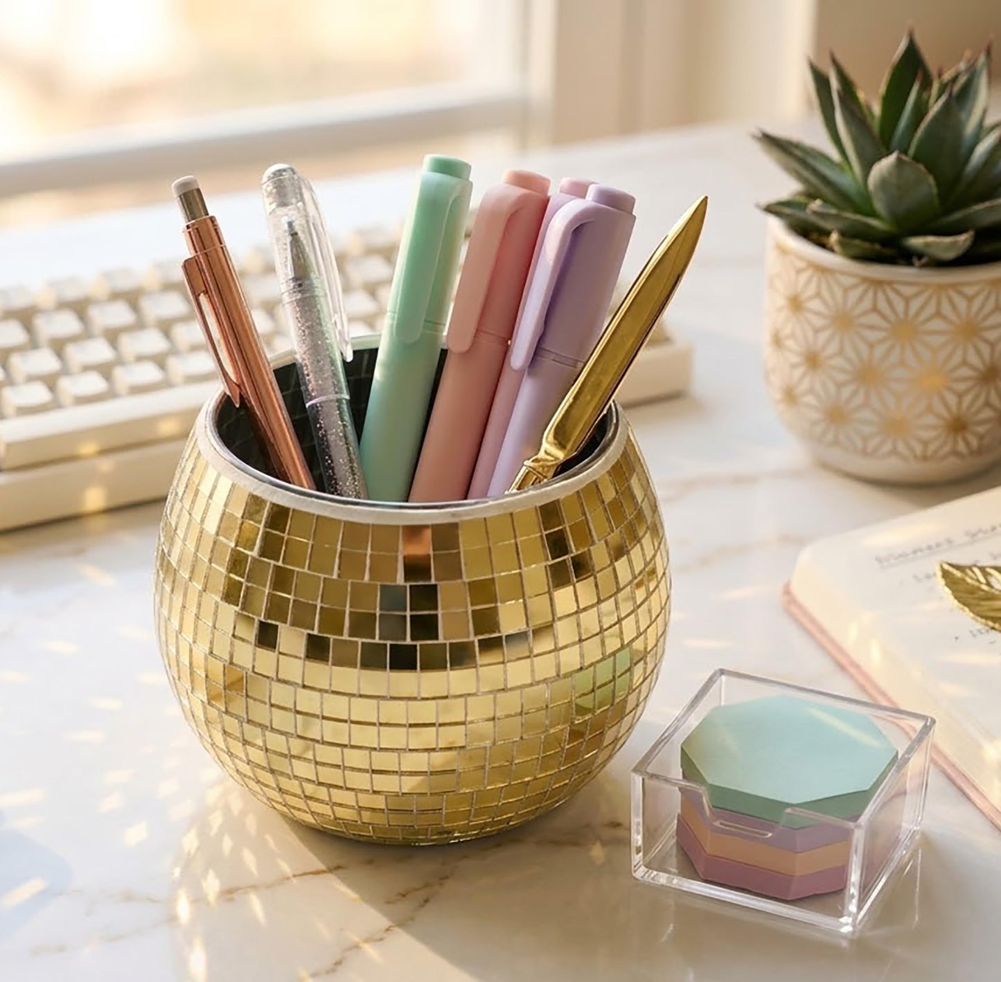 SILFGRLF 2 PCS Disco Ball Pencil Holder for Desk - Cute Office Decor & Makeup Brush Organizer, 4 Inch Sparkly Glass Pen Cup, Fun Desk Accessories for Women (GOLD)