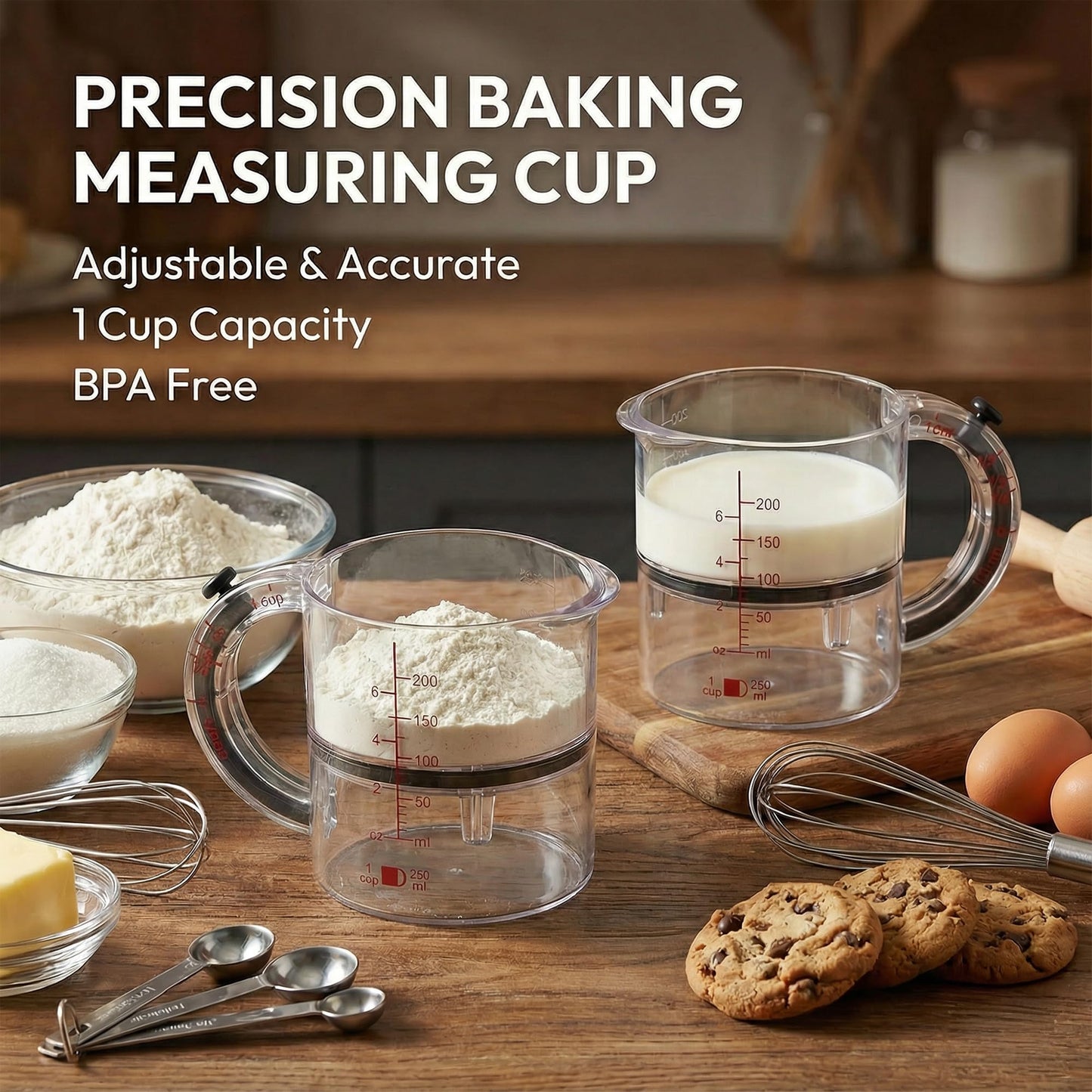 4 in1 Adjustable Measuring Cup with Self-Cleaning Scraper Base - Space-Saving Kitchen Tool for Baking, Cooking & Meal Prep (1/4 to 1 Cup)