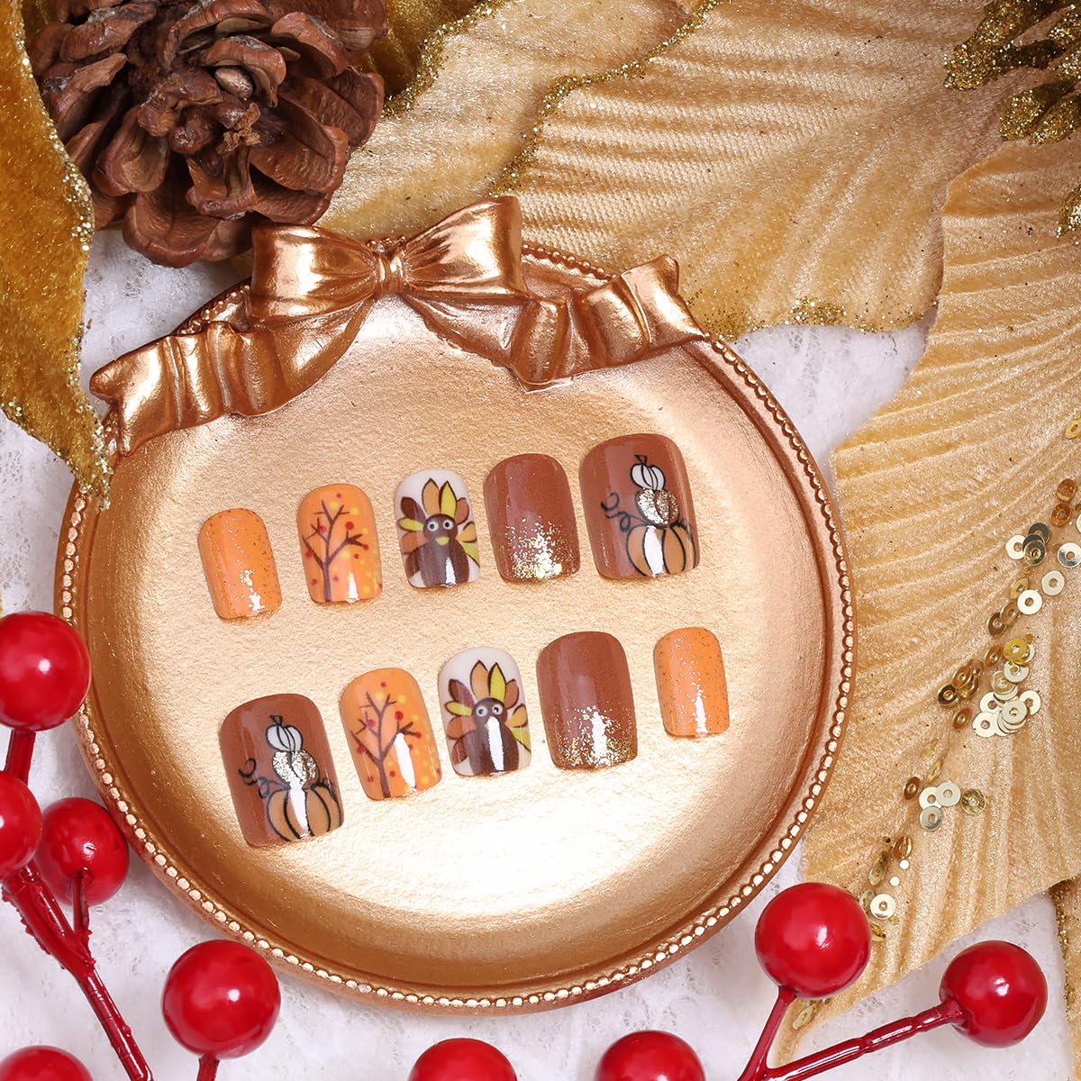 24Pcs Thanksgiving Press on Nails Short Square Fake Nails with Turkey Pumpkin Tree Design Fall False Nails Orange Full Cover Artificial Glue on Nails Glitter Stick on Nail for Women Manicure DIY