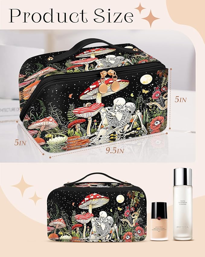 Bistup Makeup Bag Travel Cosmetic Bag Toiletry Make Up Bags Cute Women Large Capacity Big Medium Leather Mushroom Aesthetic Girl Teen Teenage Foldable Expandable Open Flat Zip