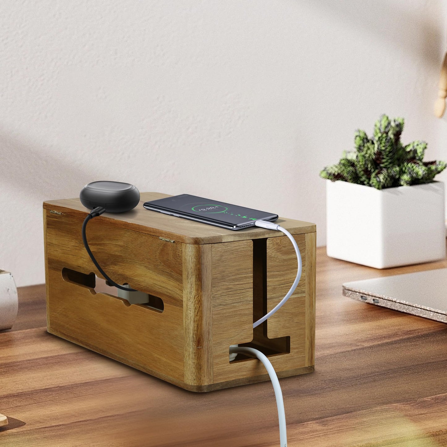YCLYC Large Acacia Wood Style Cable Management Box, Cord Organizer Power Strip Box with Magnetic Outlet Covers, Cord Hider for Desk and Floor Cable Storage, Ventilated Design