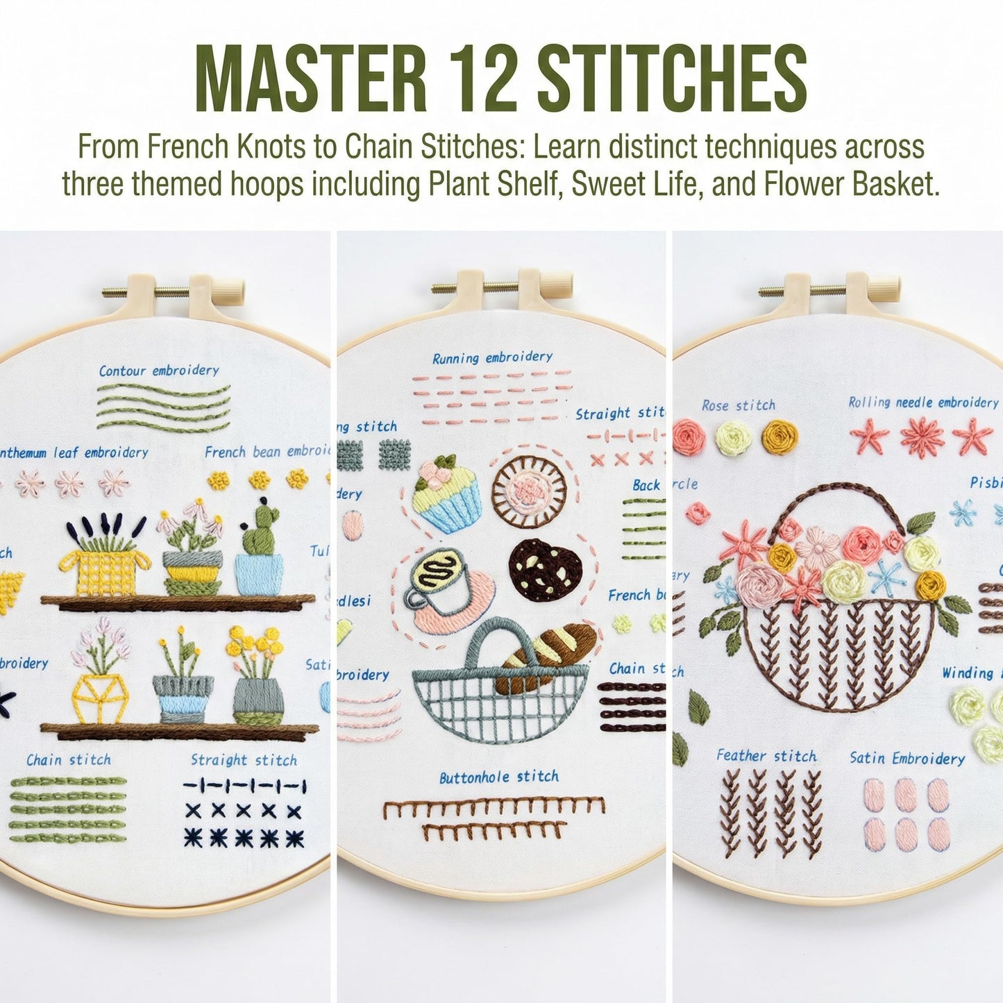 QIZUOLIFE 3 Pack Embroidery Kit for Adults Beginners, Pre‑Stamped Potted Plant Flower Basket Needlepoint Set, DIY Needlework Supplies with Step‑by‑Step Video Tutorials, Handmade Craft Gift Home Decor