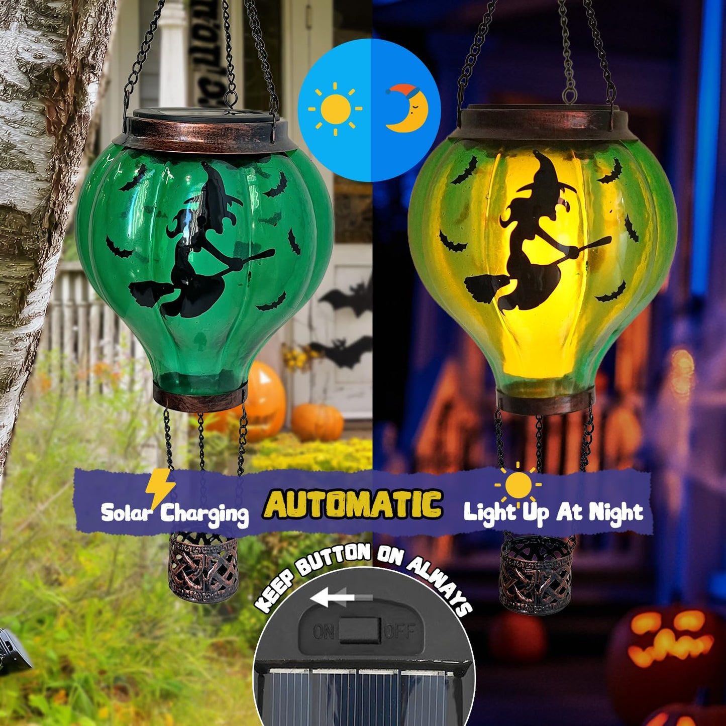 Halloween Decoration Outdoor Hot Air Balloon Solar Lantern with Flickering Flame, Hanging Outdoor Lanterns with Flying Witch Design Waterproof Decor for Garden, Patio, Halloween Party(Witch)