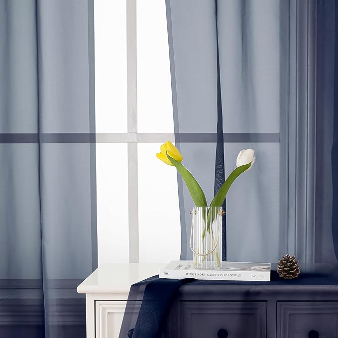 Lecloud Navy Blue Sheer Curtains 45 Inch Long 2 Panels, Short Voile Drapes for Dinning Small Windows, Light Filtering Voile Curtain for Living Room Bedroom Bathroom, Dual Rod Pocket, 40" Wx45 L