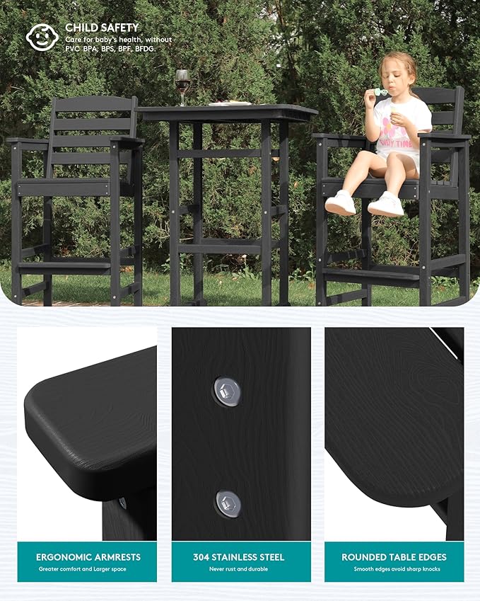 SERWALL 4 Pieces Outdoor Patio Bar Set with 9ft Umbrella, Outdoor HDPE Barstool and Table Furniture Set with Patio Umbrella, Black