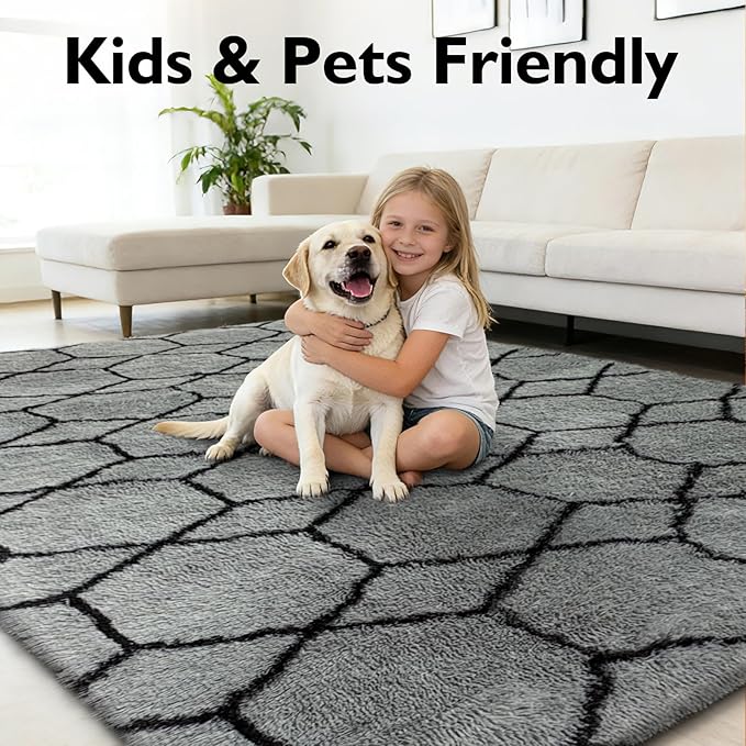 8x10 Fluffy Area Rugs for Living Room,Shag Area Rug for Bedroom,Geometric Soft Fuzzy Rug Non-Shedding Indoor Plush Carpet for Kids Bedroom Nursery Home Decor,Grey and Black
