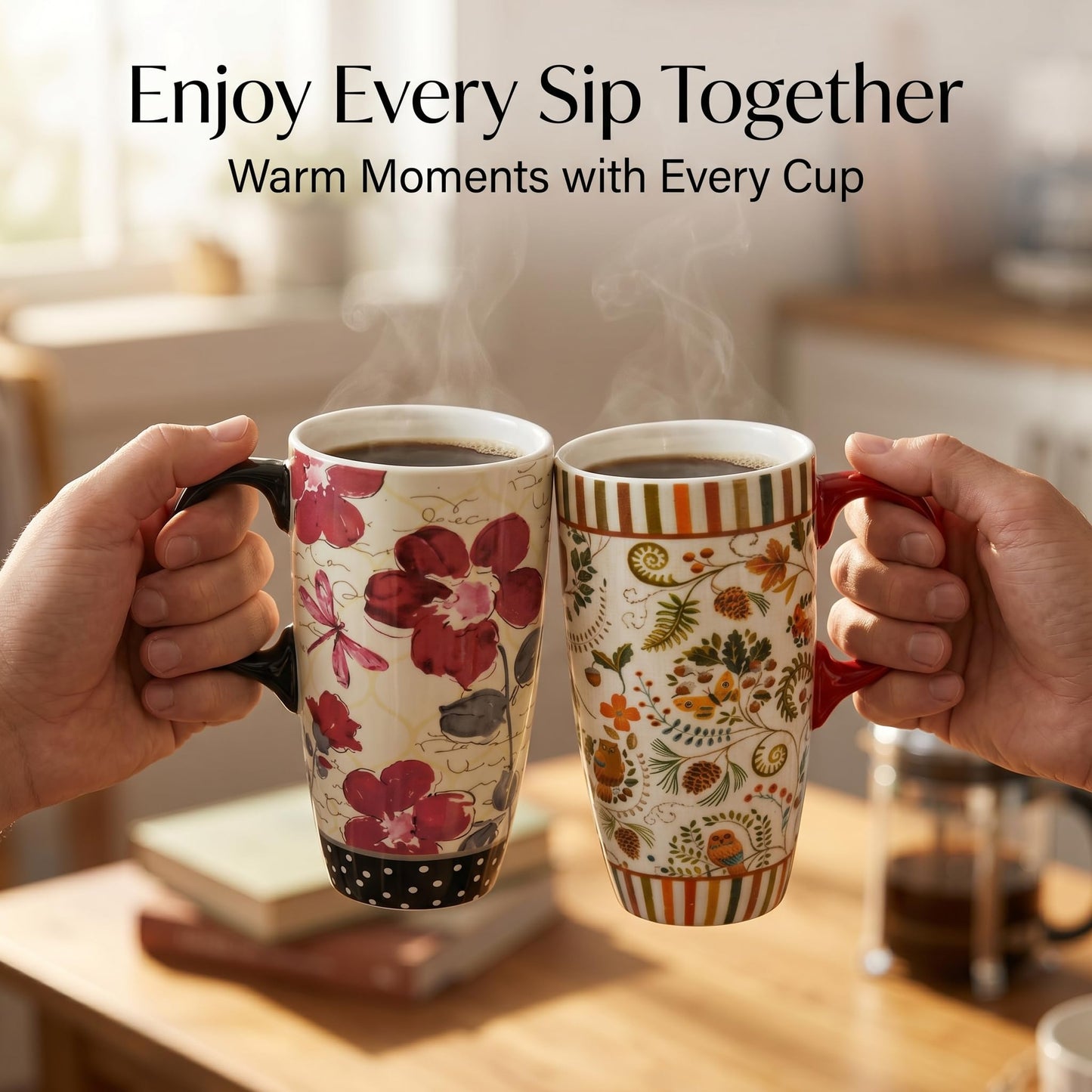 Topadorn Ceramic Coffee Mug Set of 2, 17 Oz Tea Cups with Handle and Lid for Latte, Tea, Cappuccino, Milk, Cocoa, Microwave&Dishwasher Safe, Flowers and Forest