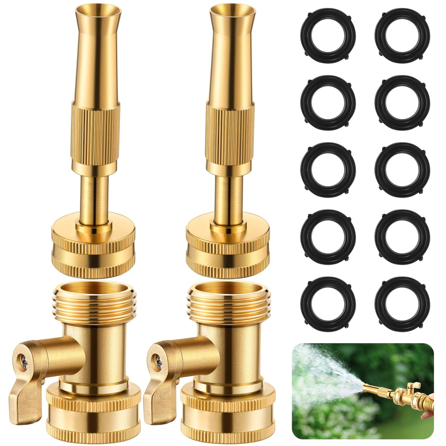 Dunkive 4 Pcs Garden Hose Nozzle Kit, 4" Brass Adjustable Twist Nozzle, Jet High Pressure Sprayer, Brass Shut Off Valve with 10 Rubber Washers, 3/4" GHT Connector for Sprinkler(Adjustable,4 in)