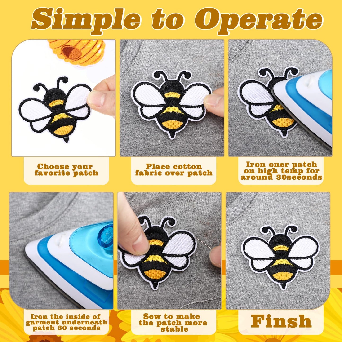 Hotop 48 Pcs Bee Iron on Patches Honeybee Patch Backpacking Sew on Embroidered for Jeans Jackets Clothes Backpack Cap DIY Crafts Sew Making