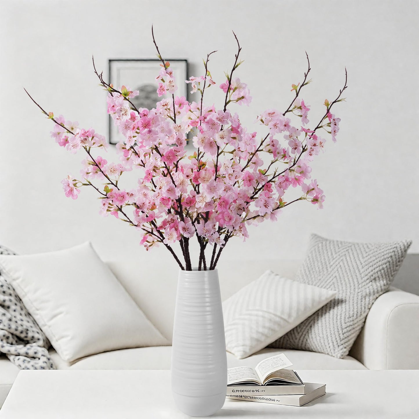 ENALGRE Artificial Cherry Blossom Branches 27.6In Silk Cherry Blossom Branches Long Stem Artificial Flowers for Tall Vase, for Home Decor, Weddings Decor, Parties & Festival Gifts 8PCS ，Pinkish White