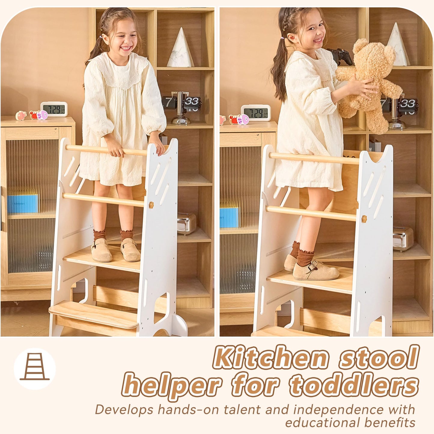 Toddler Standing Tower with Safty Rail & Non-Slip Pads, 3 Height Adjustable Toddler Tower with Chalkboard, Great for Kitchen Activities, Hand Washing & Creative Play, White