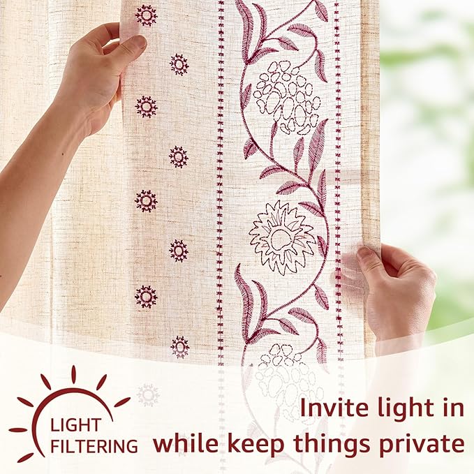 jinchan Winslow Linen Curtains for Bedroom 96 Inches Length Embroidered Bordered Floral Curtains for Living Room Farmhouse Decor Light Filtering Window Treatments Red on Beige Drapes 2 Panels