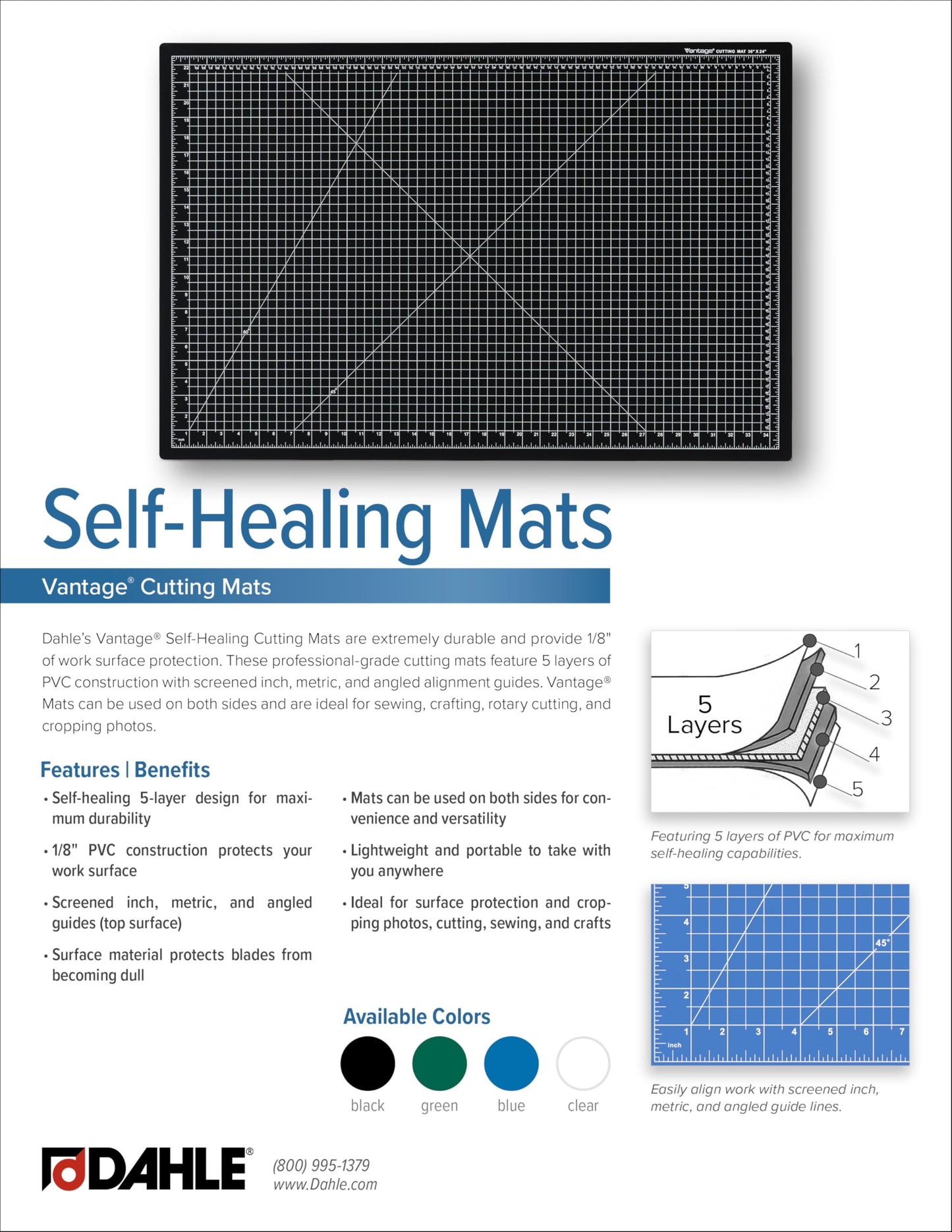 Dahle Vantage 10681 See-Through Premium Self-Healing Cutting Mat, 12"x18", 1/2" Grid, 5 Layers for Max Healing, Perfect for Crafts & Sewing, Clear