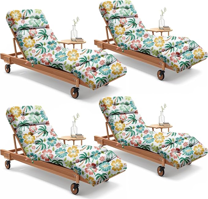 4 Pack Outdoor Chaise Lounge Chair Cushion 75.1 x 22.8 x 4.7 Inches 100% Waterproof Replacement Cotton Patio Pool Lounge Chair Cushion for Outdoor Furniture with Ties, Green Coconut Tree