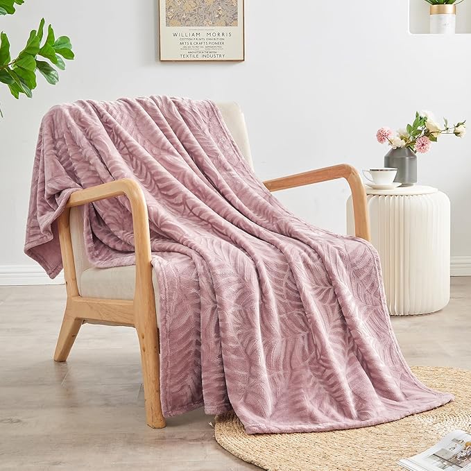 SOCHOW Super Soft Flannel Fleece Throw Blanket, Lightweight Cozy Warm Leaves Textured Plush Blanket for Bed Couch Sofa, 60 x 80 Inches, Dusty Rose