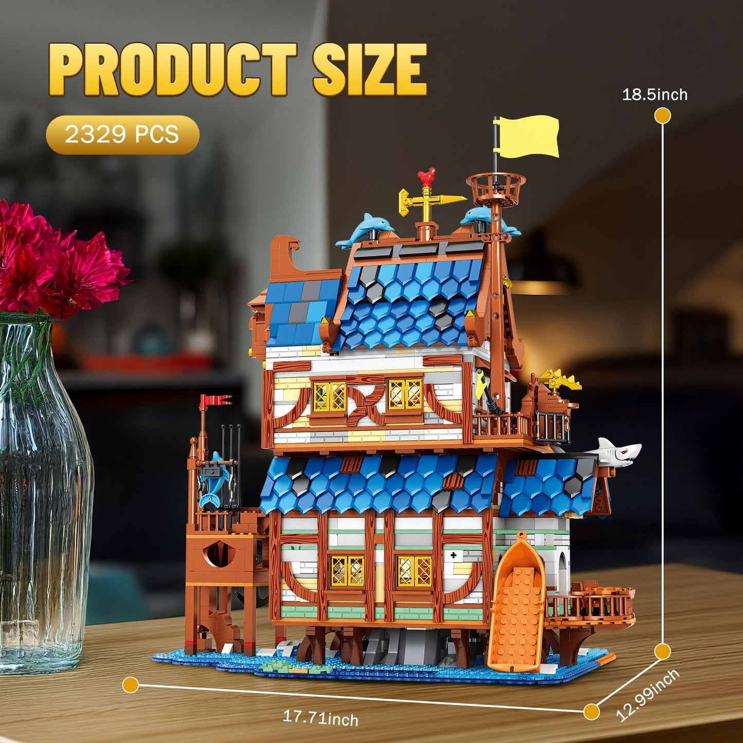 Reobrix Medieval Fishing Store Lighting Building Block Sets for Adults, Medieval Architecture Display or Home Office Decor, Creative Construction Building Kits 66007, Idea Gift for Adults