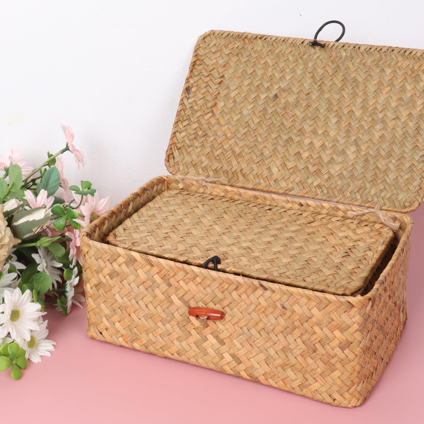 Moosky Wicker Shelf Baskets with Lid,Handwoven Seagrass Basket for Storage Basket Bins Rectangular Home Organizer Gift Boxes (Natural Set of 2)