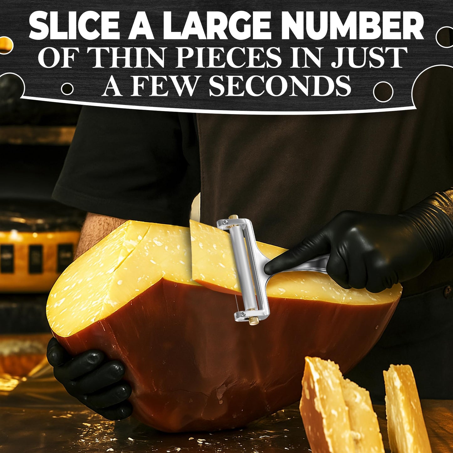 Cheese Slicer Wire - Sharp & Strong Stainless Steel Cheese Cutter Handheld with 2 Extra Wires, Slice Tickness Adjuster, Comfortable Handle & Dishwasher Safe, for Mozzarella, Cheddar & Gruyere Slicing
