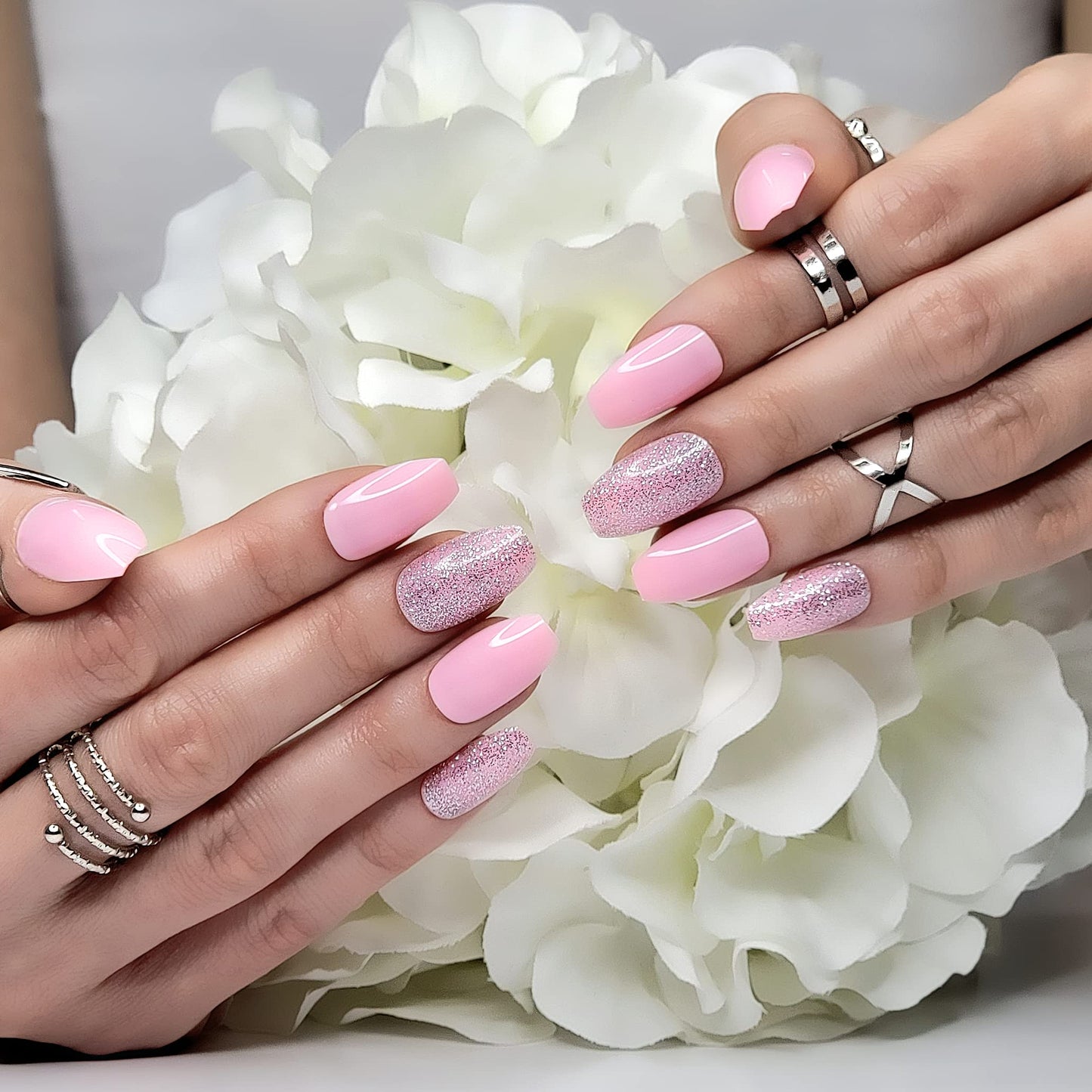 Hypnaughty 24 Pcs Pink Ballerina Press On Nails with Glue Medium Short Length Fake Nails with Glitter Design Glossy Acrylic Press On Nails Full Cover (Pink)