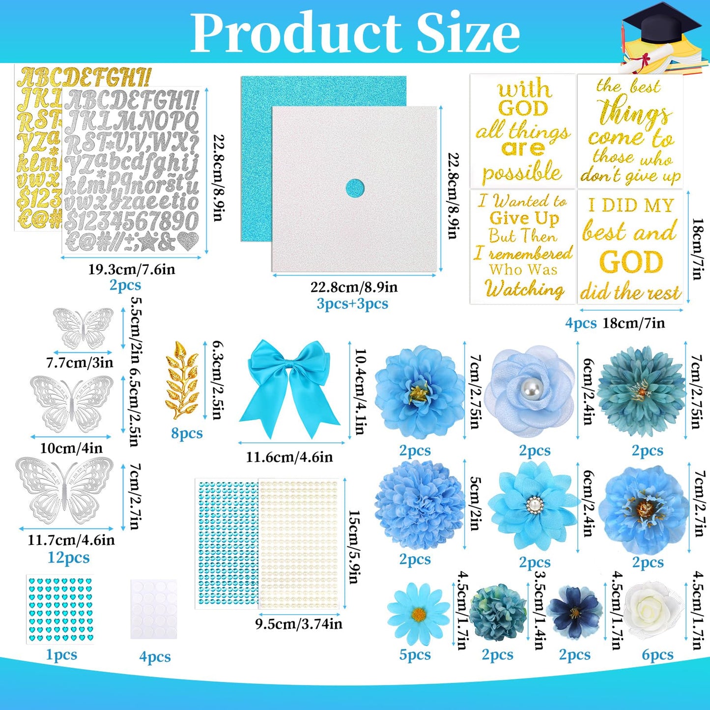 66Pcs Graduation Cap Decorations Graduation Cap Decorations kit Included Faux Flower Heads3D Butterfly Stickers for DIY Grad Cap Topper Grad Party Decor(Blue)