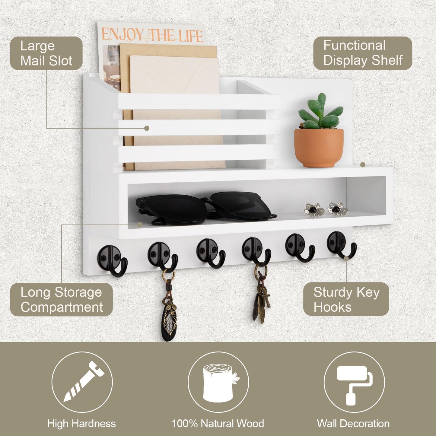 Lucundm Key and Mail Holder Wall Mount, Key Hanger with Long Storage Box and Key Hooks for Coat, Dog Leash, Home Decor Rack, House Accessories, Entry Way Organizer