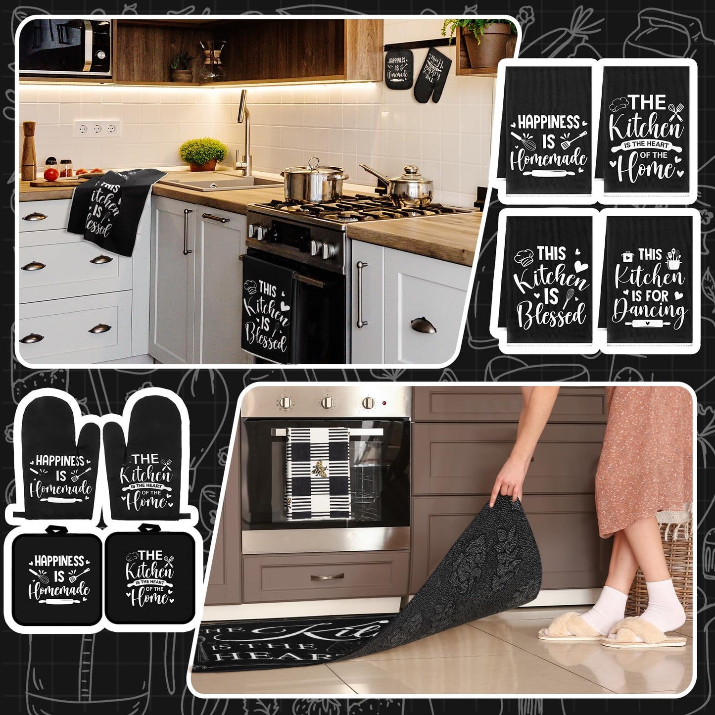 Fourluoo 10 Pcs Farmhouse Kitchen Decor and Accessories Set 4 Kitchen Towels 2 Pot Holders 2 Oven Mitts 2 Rugs for Cooking Baking Mom Housewarming Gifts(Black,Classic Style)