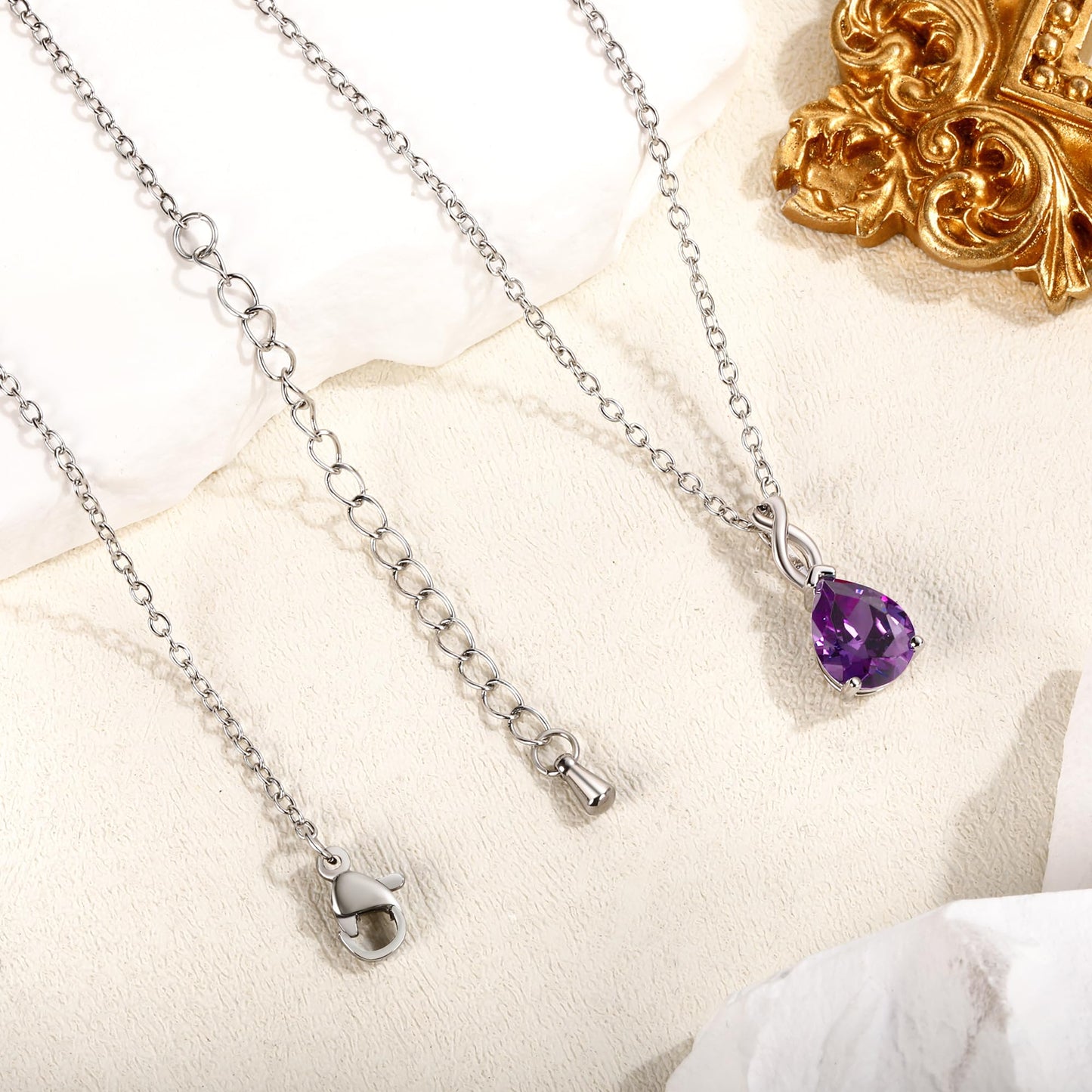 VOLUKA Teardrop Crystal Pendant Necklace, Created Purple Amethyst, 18K White Gold Plated Chain, 17.5+2 Inch Adjustable, 8x10mm Pear Stone