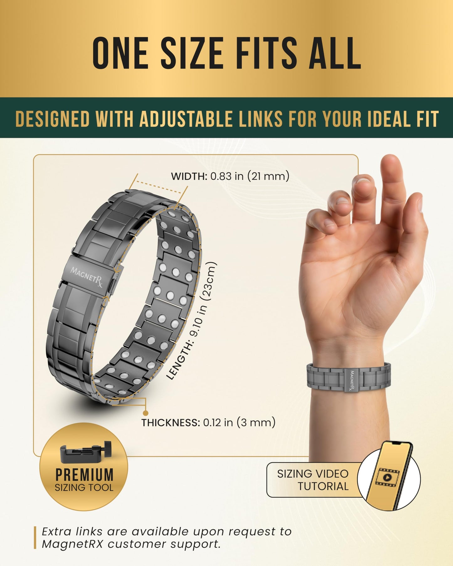 MagnetRX® 3X Strength Magnetic Bracelets for Men – Effective Magnetic Mens Titanium Bracelet – Premium Fold–over Clasp & Adjustable Length with Sizing Tool & Gift Box (Gunmetal)
