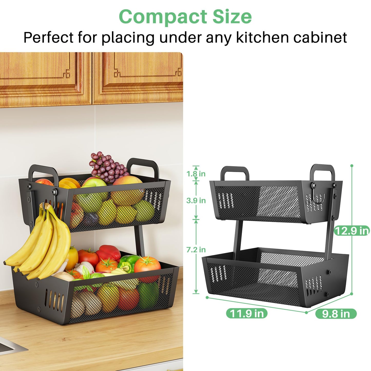 SAYZH Fruit Basket Bowls For Kitchen Counter with Banana Hangers - Detachable Metal Mesh Basket Fruit Stand with Handle - Kitchen Vegetables Bread Snacks Storage Organization, 2 Tier Black