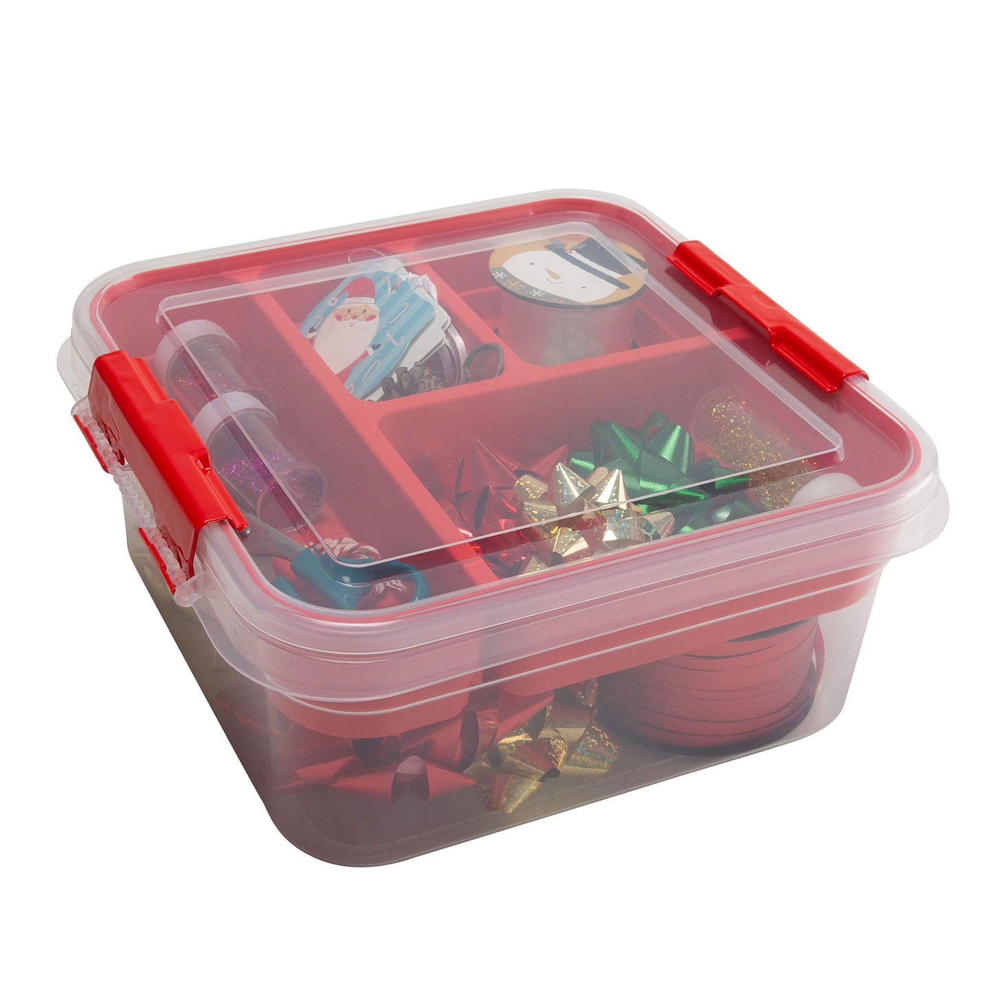 Simplify 5 Compartment Gift Supply Storage Box | 2 Tier Box | Red | Clear Top Lid | Dimensions: 9.5"x 9.5"x 4.5" | Snap Handle| Storage | Wrapping Accessories