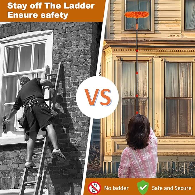 20 ft+ Reach Squeegee Window Cleaner Duster 2 in 1 Rotatable Window Cleaning Tool Kit with 3-14 ft Extension Pole, Window Washing Equipment for Indoor Outdoor Window Car Glass - 3 Pads