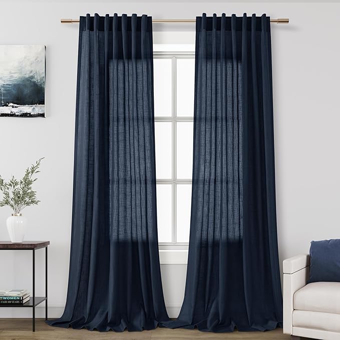 Navy Blue Linen Curtains 96 inches Long for Bedroom Back Tab Light Filtering Privacy Sheer Blue Curtains Boho Farmhouse Nautical Decor Indigo Blue Cotton Textured Draperies 2 Panel Set 52x96